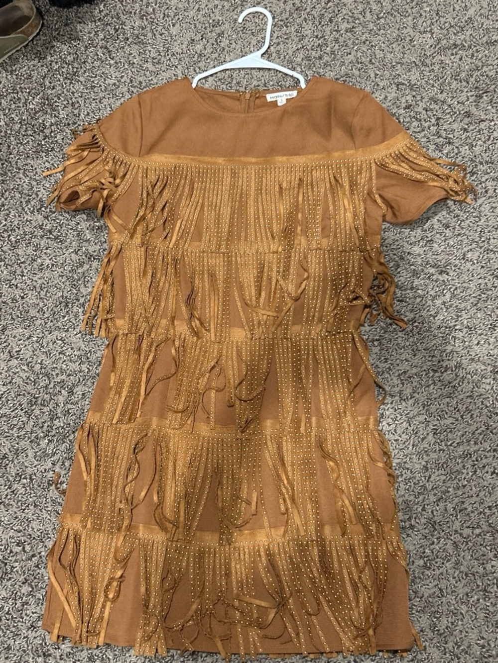Main Strip Tan Fringe Shift Dress